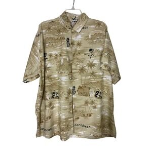 Rima Beachworld Button Down Shirt Mens XL Tan Excellent Caribbean Tropical Print